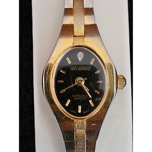 VINTAGE LADIES YELLOW GOLD FILL/ STAINLESS DIAMOND QUARTZ WATCH NEW BATTERY main image 5